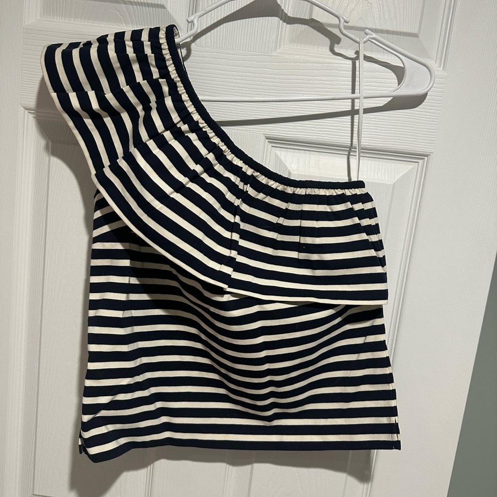 J. Crew Navy Blue and White Striped One-Shoulder Blouse